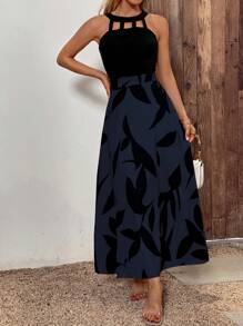 SHEIN Clasi Leaf Print Cut Out Dress - Navy Blue - View 3