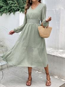 SHEIN Frenchy Chevron Jacquard Lantern Sleeve Tie Back Dress - Green - View 1