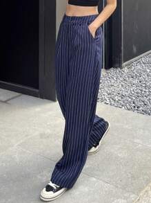 DAZY 女士休闲条纹西装裤商务装 - 藏蓝色 - 查看 1