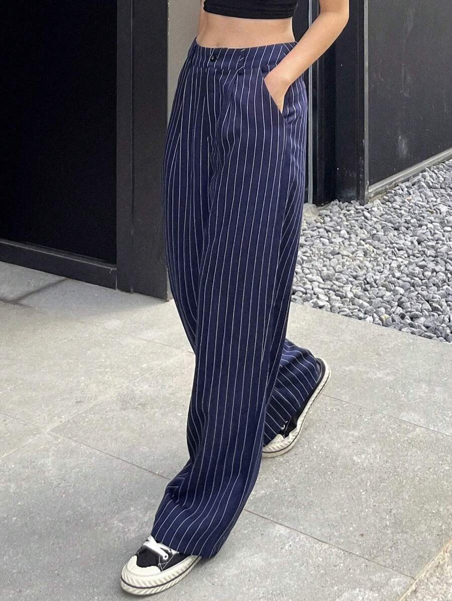 DAZY 女士休闲条纹西装裤商务装 - 藏蓝色 - 查看 1