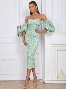 Off Shoulder Puff Sleeve Split Back Floral Jacquard Dress - Green - View 4