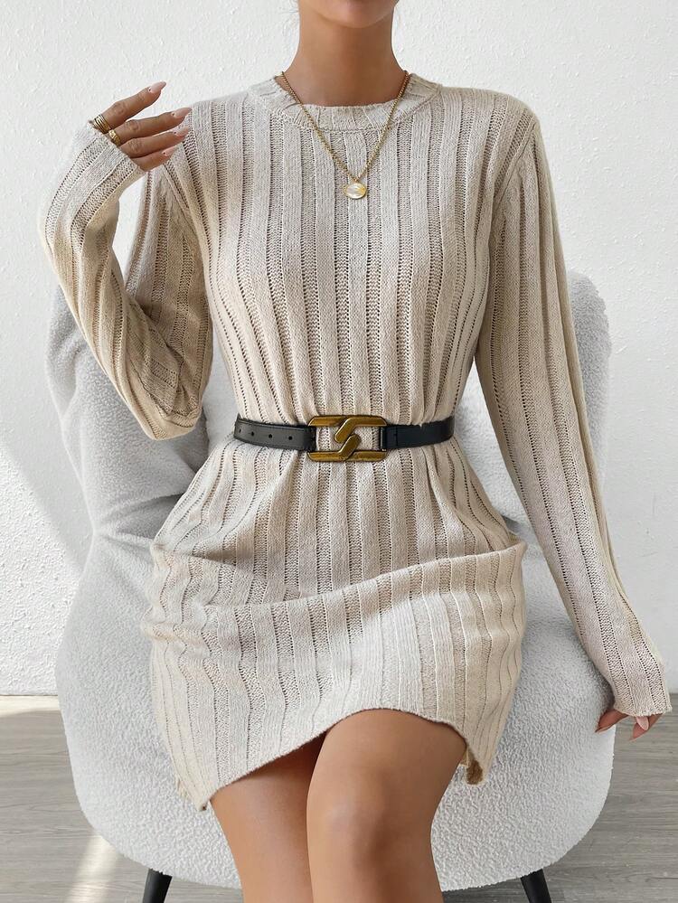 Solid Ribbed Knit Sweater Dress Without Belt Fall Cloth For Women