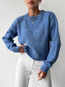 EURMUSE Jersey unicolor de hombros caídos tejido de canalé - Azul - Ver 3