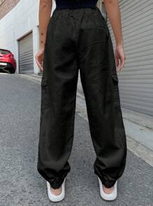 DAZY 纯色翻盖口袋工装牛仔裤、宽松牛仔裤 - 黑色 - View 2