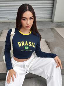 SHEIN EZwear Letter Graphic Contrast Binding Crop Tee - Navy Blue - View 4