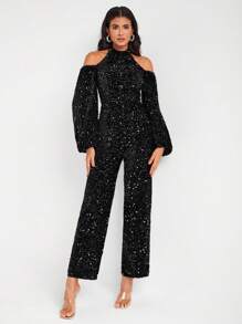 SHONTAY RACQUEL Off Shoulder Halter Neck Lantern Sleeve Sequin Jumpsuit - Black - View 1