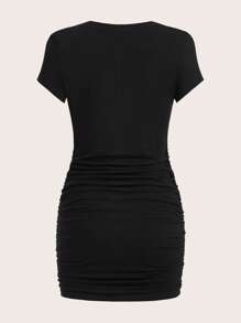 SHEIN EZwear Summer Dress Solid Ruched Bodycon Black Dress,Business Casual Woman