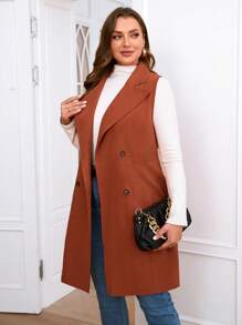 SHEIN Clasi Hơn Cổ áo Đôi ngực Áo vest - Màu Cam cháy - Xem 5