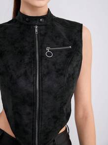 SHEINNeu Nhuộm buộc Dây kéo Viền không đối xứng Áo khoác vest - màu đen - Xem 3