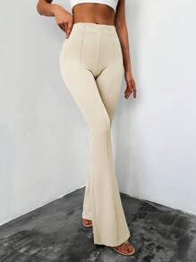EURMUSE High Waist Flare Leg Trousers - Beige - View 1