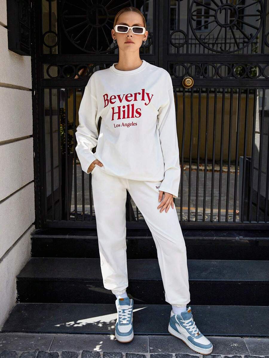 RueChic Letter Graphic Drop Shoulder Tee & Sweatpants - Beige - View 1