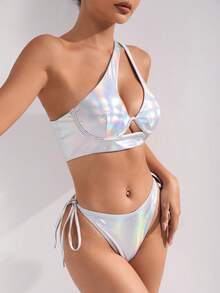 SHEIN Swim 全息鋼圈單肩綁邊比基尼套裝 - 銀色 - 查看 4