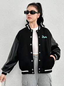 Thiếu niên cô gái Đồ họa Chữ cái Sọc trang trí Thả vai Áo khoác Đại học - màu đen - Xem 3