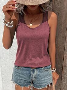 SHEIN LUNE Solid Scoop Neck Tank Top - Maroon - View 5