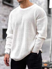 Men Solid Ribbed Knit Drop Shoulder Crochet Sweater - White - View 1