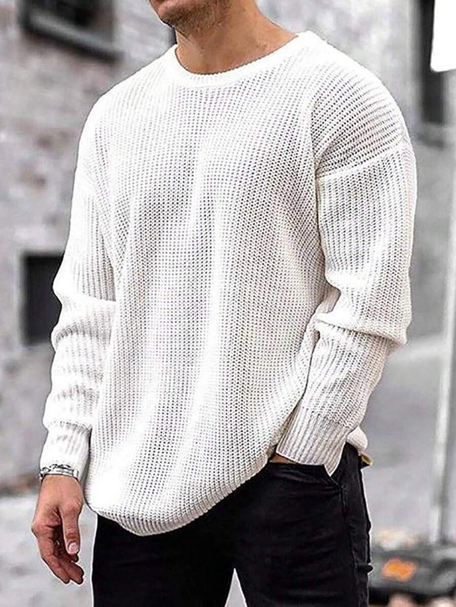 Men Solid Ribbed Knit Drop Shoulder Crochet Sweater - White - View 1