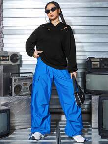 SHEIN Coolane Capucha unicolor desgarro de hombros caídos - Negro - Ver 7