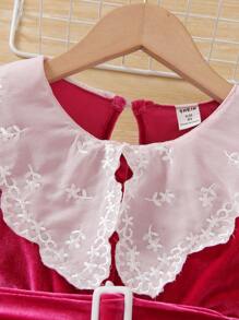 SHEIN 女小童拼接領荷葉邊腰帶絲絨洋裝 - 粉色 - 查看 5