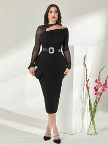 Modelyn Cotton Asymmetrical Neck Contrast Mesh Bodycon Dress Without Belt