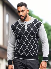 Manfinity Homme Men Argyle Pattern Quarter Button Sweater