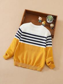 Tween Boy Collegiate Style Round Neck Striped Lightweight Sweater, Spring & Fall