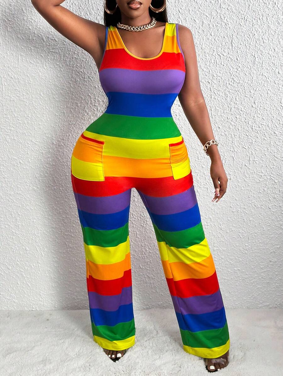 Slaydiva Sọc cầu vồng In Áo liền quần Tank - Nhiều màu - Xem 1