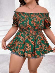 SHEIN Holidaya Plus Floral Print Off Shoulder Peplum Blouse - Dark Green - View 3