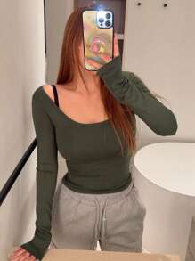 DAZY 纯色圆领 T 恤和吊带背心长袖女上衣，秋季女装 - 軍綠色 - 查看 3