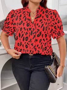 SHEIN Clasi Hơn In hoa Báo Đường viền cổ có rãnh Ống tay áo Áo sơ mi - Đỏ - Xem 5