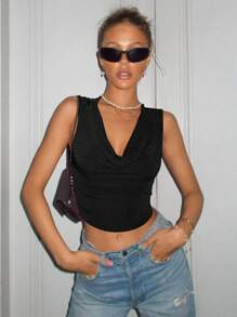 SHEIN ICON Summer Black Draped Collar Crop Tank Top - Black - View 1