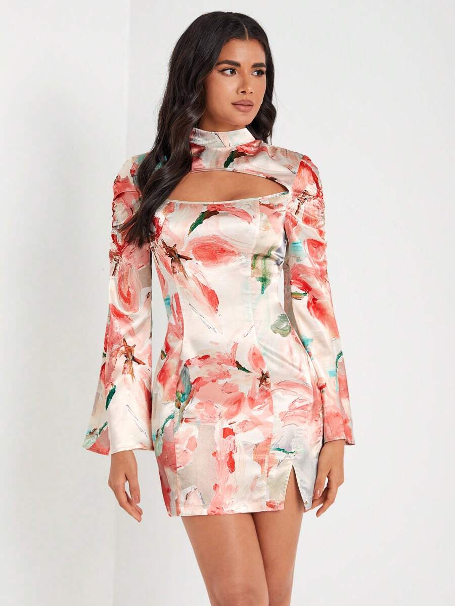 Becci Floral Print Cut Out Front Split Hem Dress - Multicolor - View 1