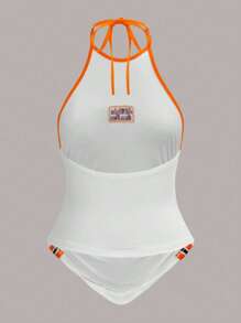 SHEIN ICON Slogan Đã vá Tương phản ràng buộc Áo hai dây - trắng - Xem 2