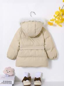 SHEIN Baby Girl Fuzzy Trim Hooded Belted Padded Coat - Khaki - View 2