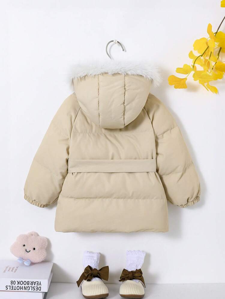 Baby Girl Fuzzy Trim Hooded Belted Padded Coat