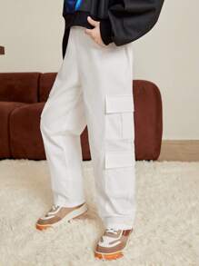 SHEIN Casual Loose Fit Cargo Pants For Tween Boys - White - View 3