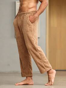 Men Solid Slant Pocket Teddy Lounge Pants - Brown - View 5