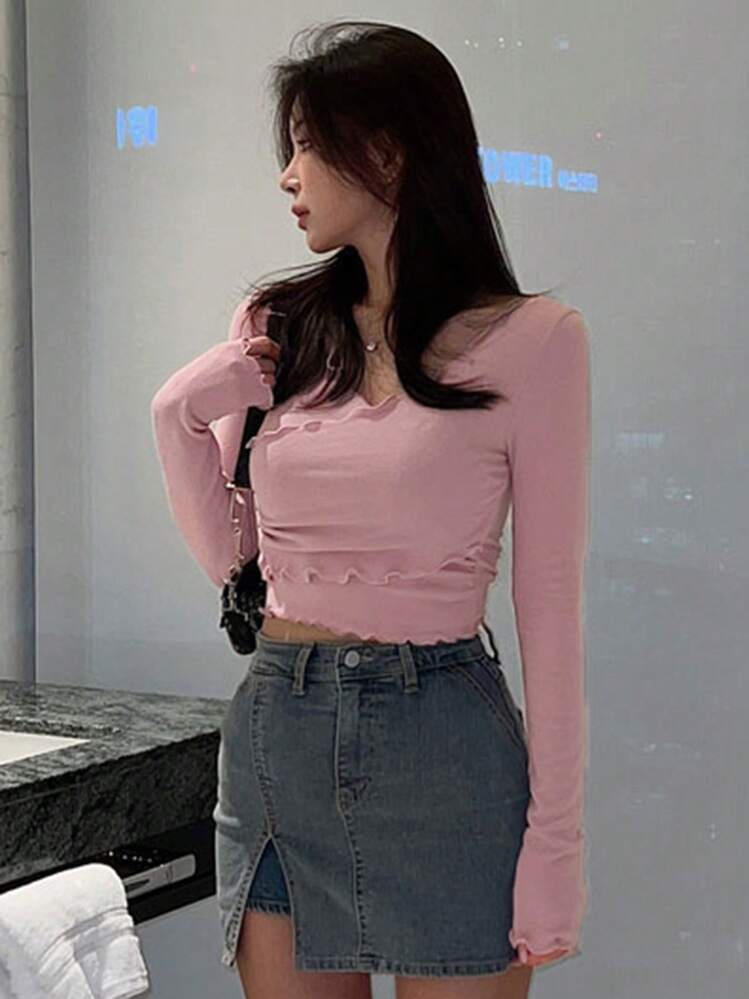 DAZY Solid Lettuce Trim Crop Tee,Fall Clothes Preppy Tops Long Sleeve Women Tops - Pink - View 7