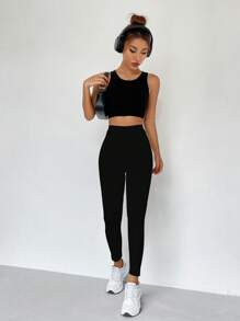 SHEIN Unity 素色高腰緊身打底褲 - 黑色 - 查看 5