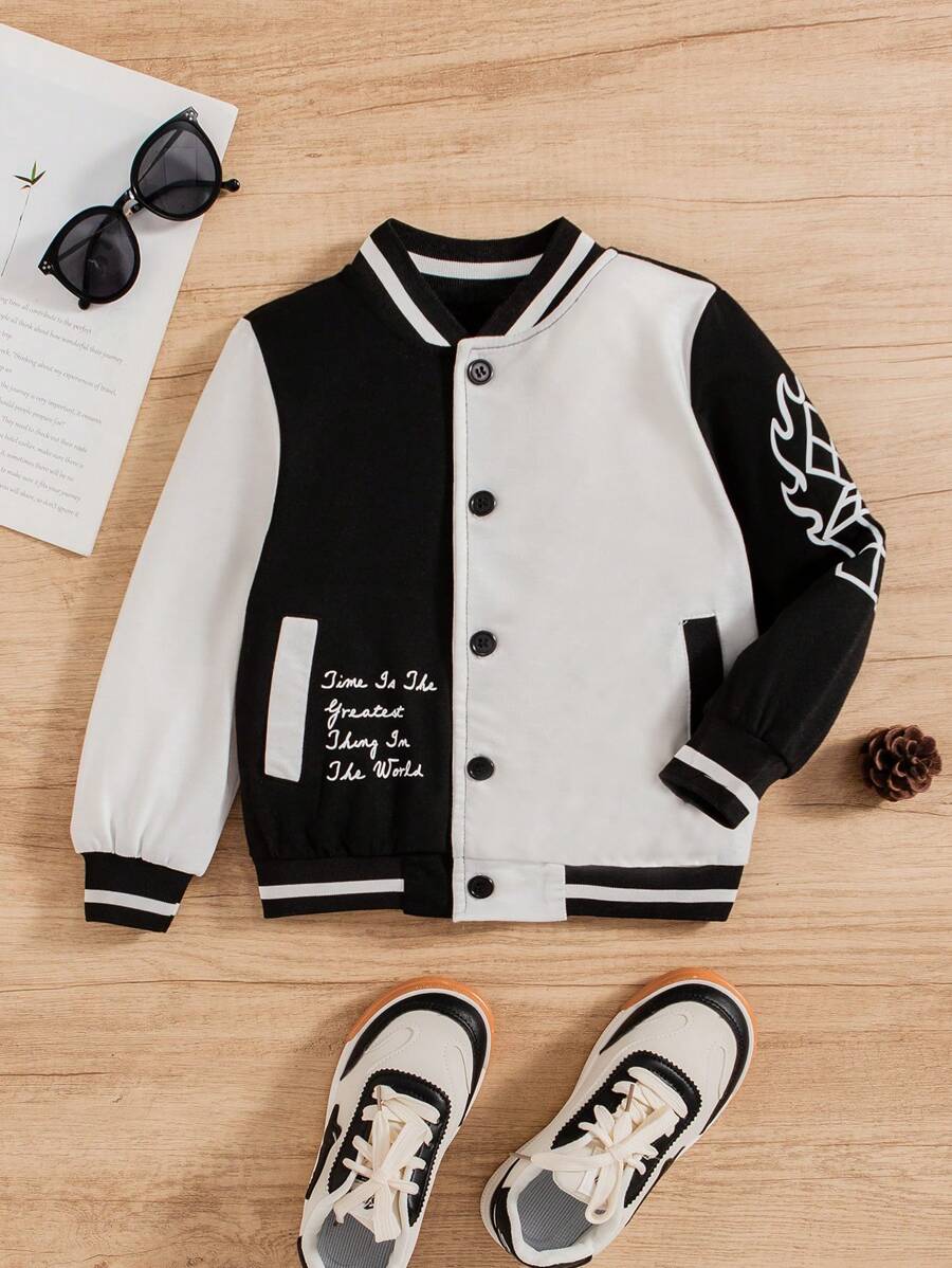 SHEIN Young Boy Slogan Graphic Two Tone Varsity Jacket - Multicolor - View 1