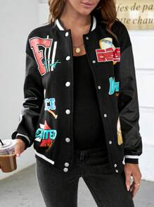 SHEIN Maternity Letter Graphic Striped Trim Drop Shoulder Varsity Jacket - Black - View 3