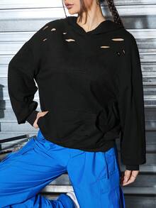 SHEIN Coolane Capucha unicolor desgarro de hombros caídos - Negro - Ver 3