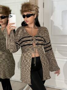 SHEIN ICON 大碼段染條紋圖案前繫帶落肩袖開襟衫 - 卡其色 - 查看 1