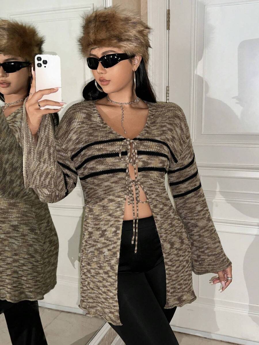 SHEIN ICON 大碼段染條紋圖案前繫帶落肩袖開襟衫 - 卡其色 - 查看 1