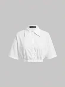 SHEIN MOD Solid Drop Shoulder Crop Shirt - White - View 1