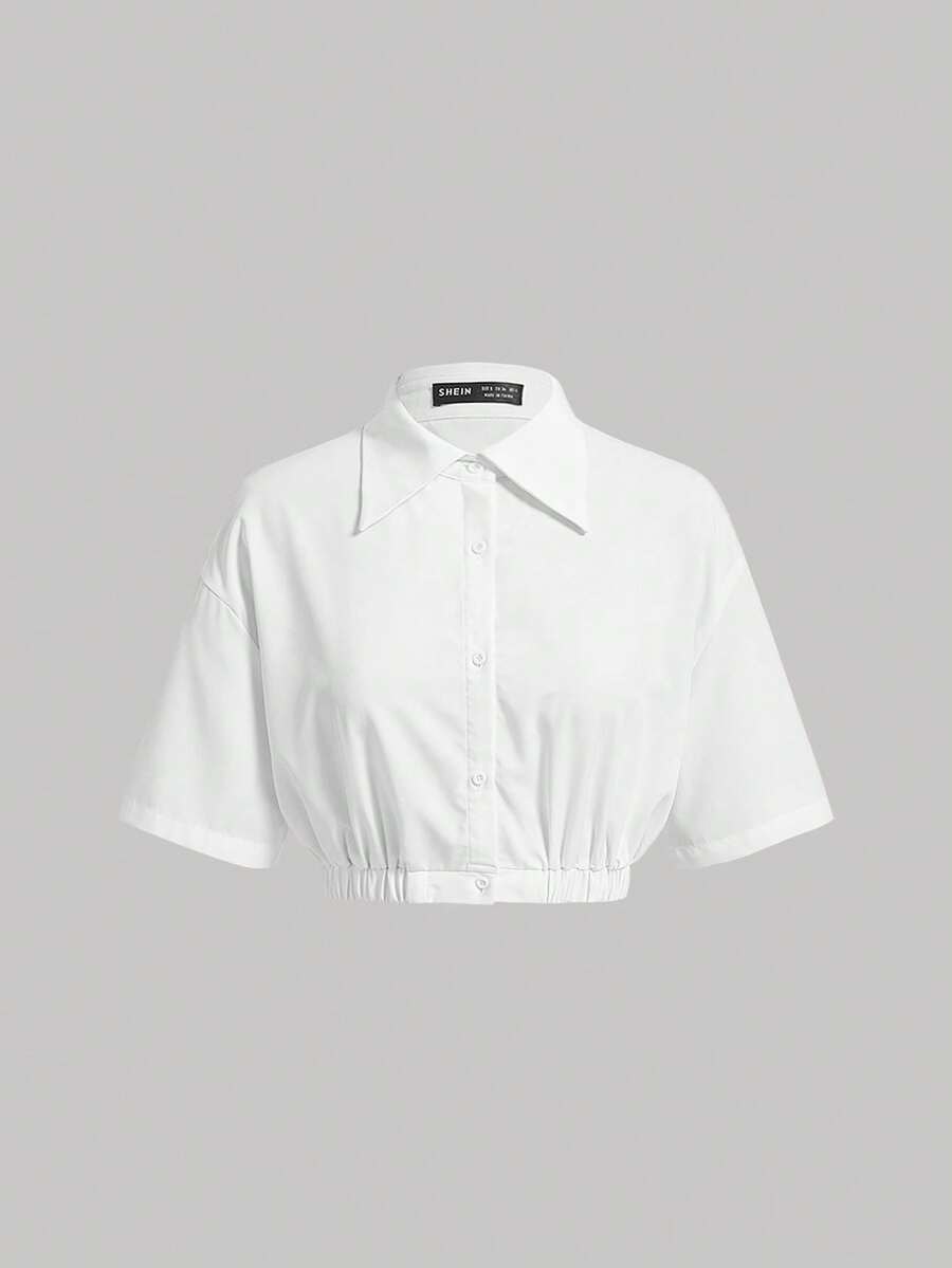 SHEIN MOD Solid Drop Shoulder Crop Shirt - White - View 1