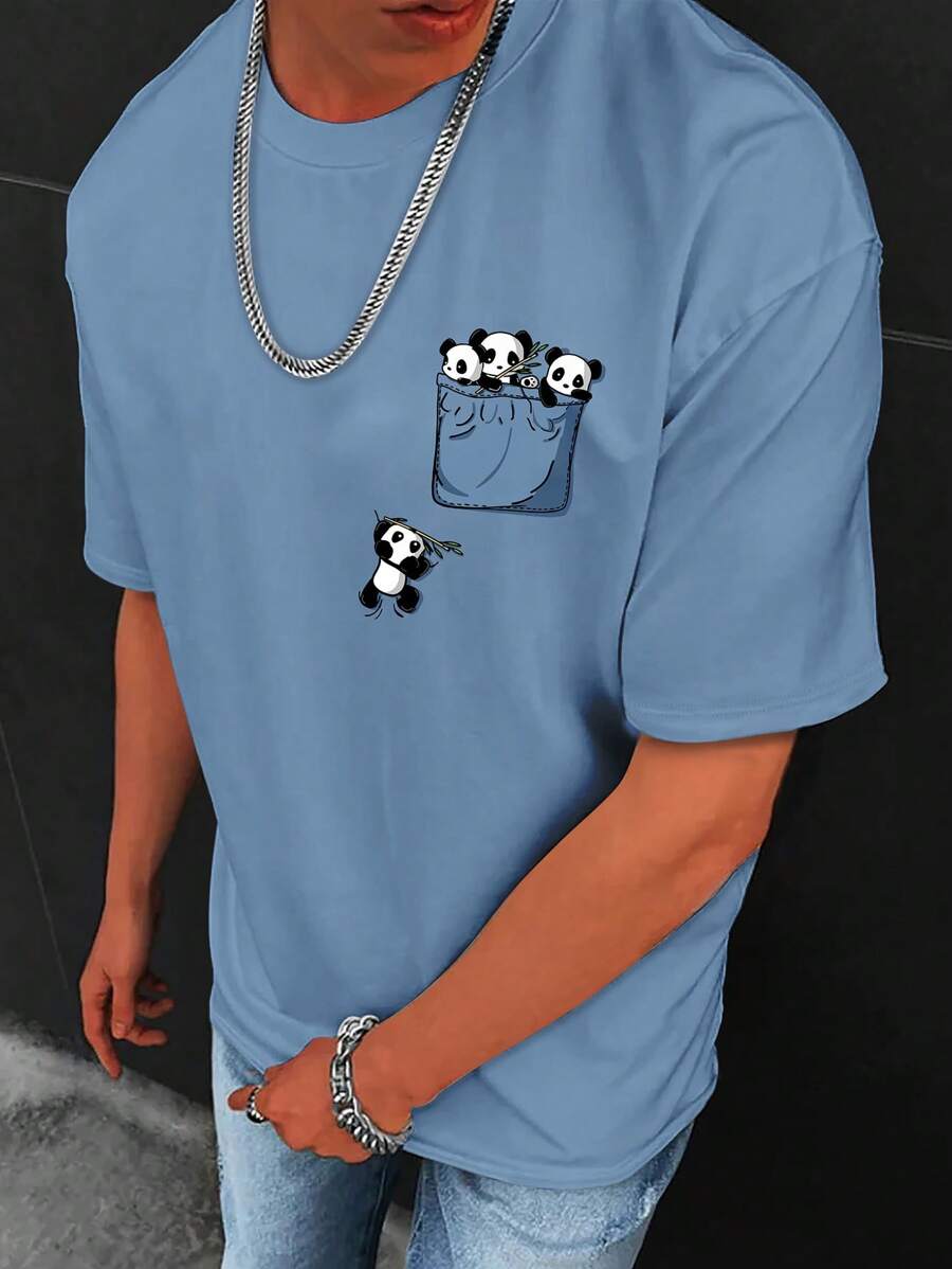 Manfinity Homme 男士大码熊貓印花T恤 - 霧霾藍 - 查看 1