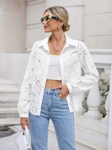 SHEIN Frenchy Solid Eyelet Embroidery Button Front Shirt - White - View 5