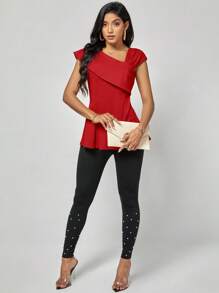 SHEIN Clasi Solid Asymmetrical Neck Fold Pleated Detail Tee