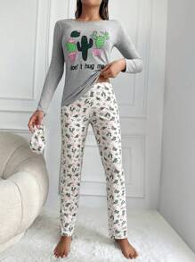 SHEIN Cottnline Cactus And Slogan Graphic PJ Set - Multicolor - View 5