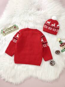 Đứa bé gái Mẫu giáng sinh Nút phía trước Áo len Mở Với mũ - Đỏ - Xem 2